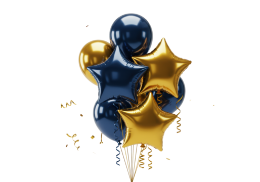 A cluster of shimmering navy blue and gold metallic helium balloons, round and star-shaped, with white and silver ribbons, floating in a pristine, shadowless white studio against a seamless