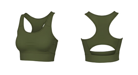 Stylish olive green sports bra showcasing a modern design with a unique back cutout, perfect for activewear photography
