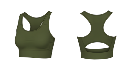 Stylish olive green sports bra showcasing a modern design with a unique back cutout, perfect for activewear photography