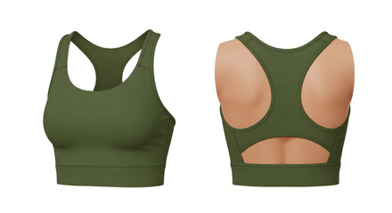 Stylish olive green sports bra showcasing a modern design, ideal for active wear, set against a neutral backdrop