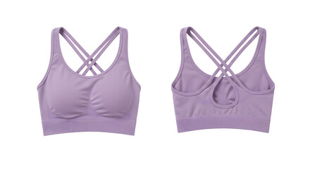 Stylish purple sports bra displayed from front and back, showcasing its design and fit, ideal for activewear marketing