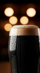 Glass goblet with fresh dark beer, guinness or stout close-up. Vertical template for advertising a bar, pub or beer brand with space for text.