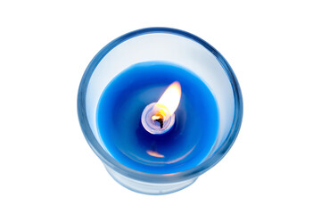 a candle is lit in a glass with a white background