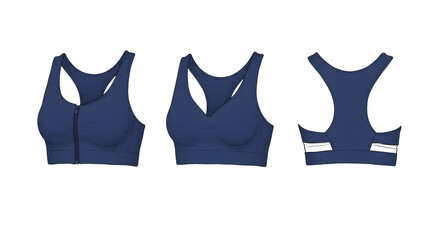 Three views of a navy sports bra showcasing its design, highlighting functionality and style for activewear enthusiasts