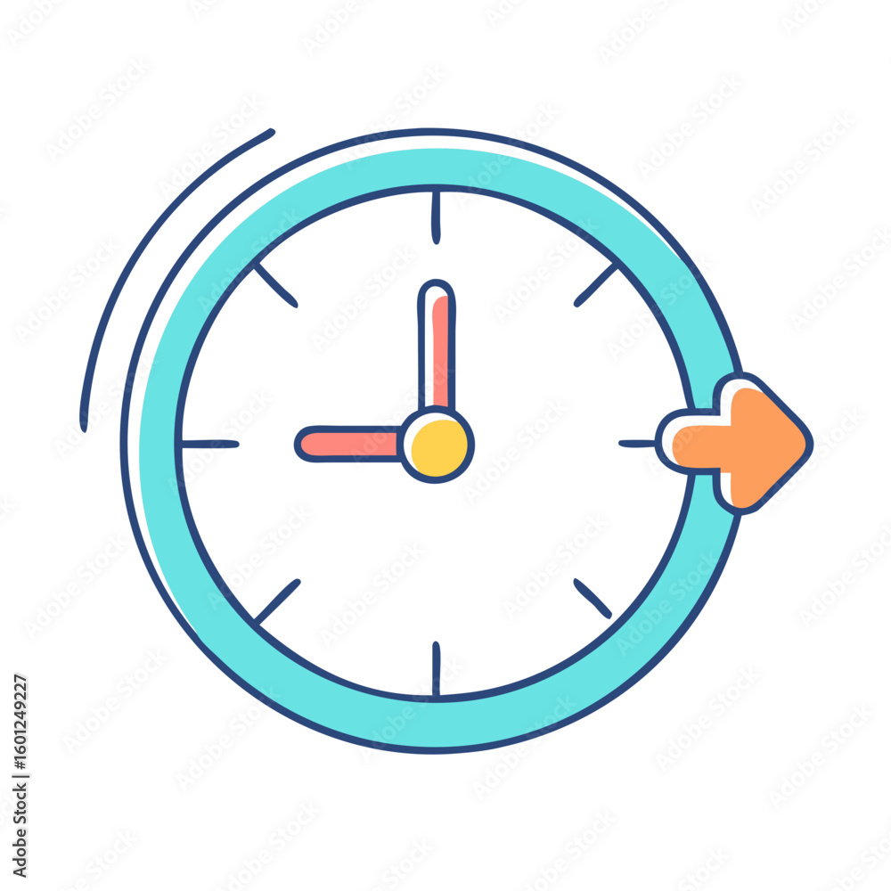 Poster stylized clock with forward pointing arrow indicating time moving forward quickly