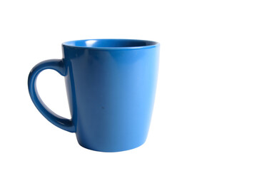 a blue coffee cup with a handle on a white background