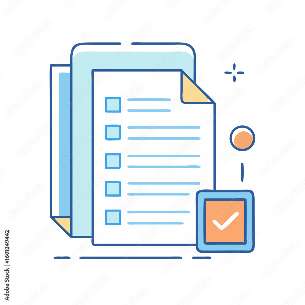 Aufkleber checklist with checkmarks and document stack symbolizes task completion management