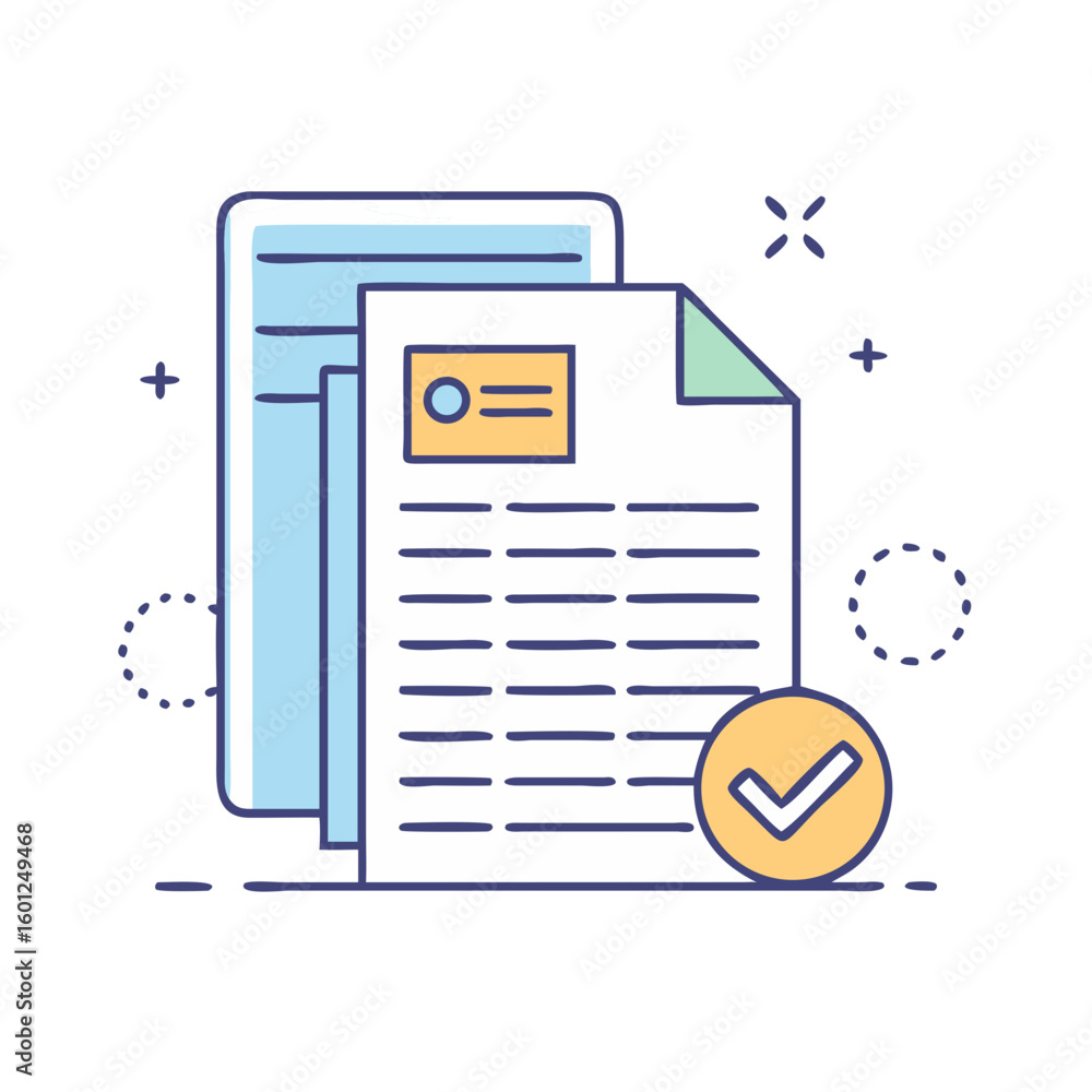 Poster document confirmation illustration with checklist and paper stacks for approval