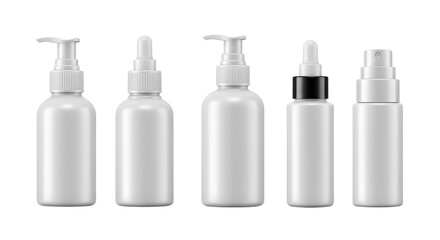 Various white cosmetic bottles with different pump designs arranged on a clean surface, ideal for beauty product marketing