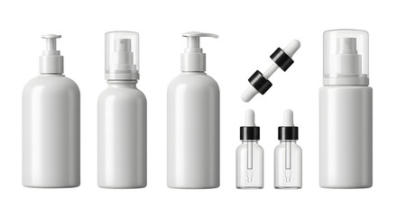 Various white cosmetic bottles and droppers arranged neatly, showcasing a clean aesthetic for potential skincare products