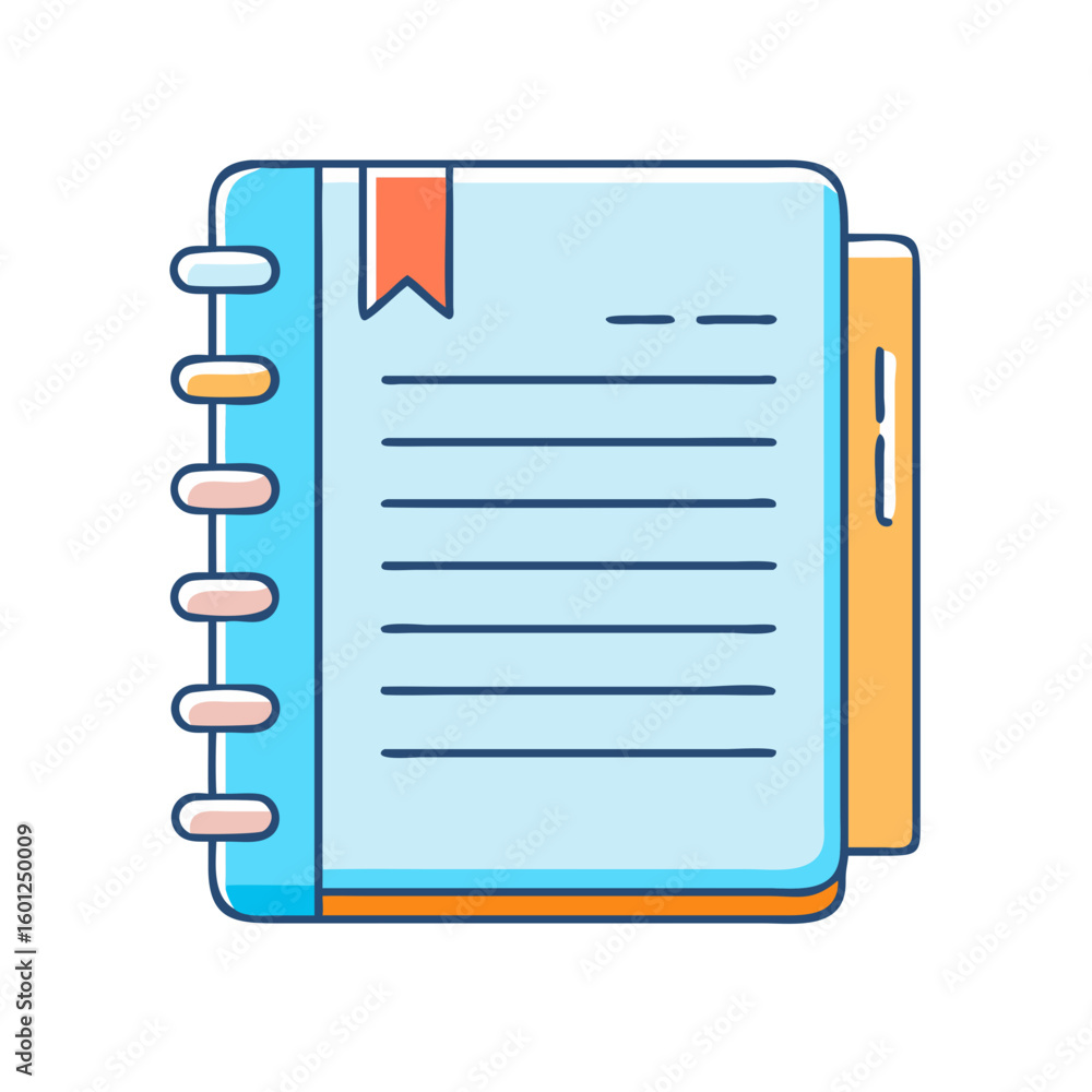 Poster blue notebook with bookmark and tab, ideal for organizing information and notes