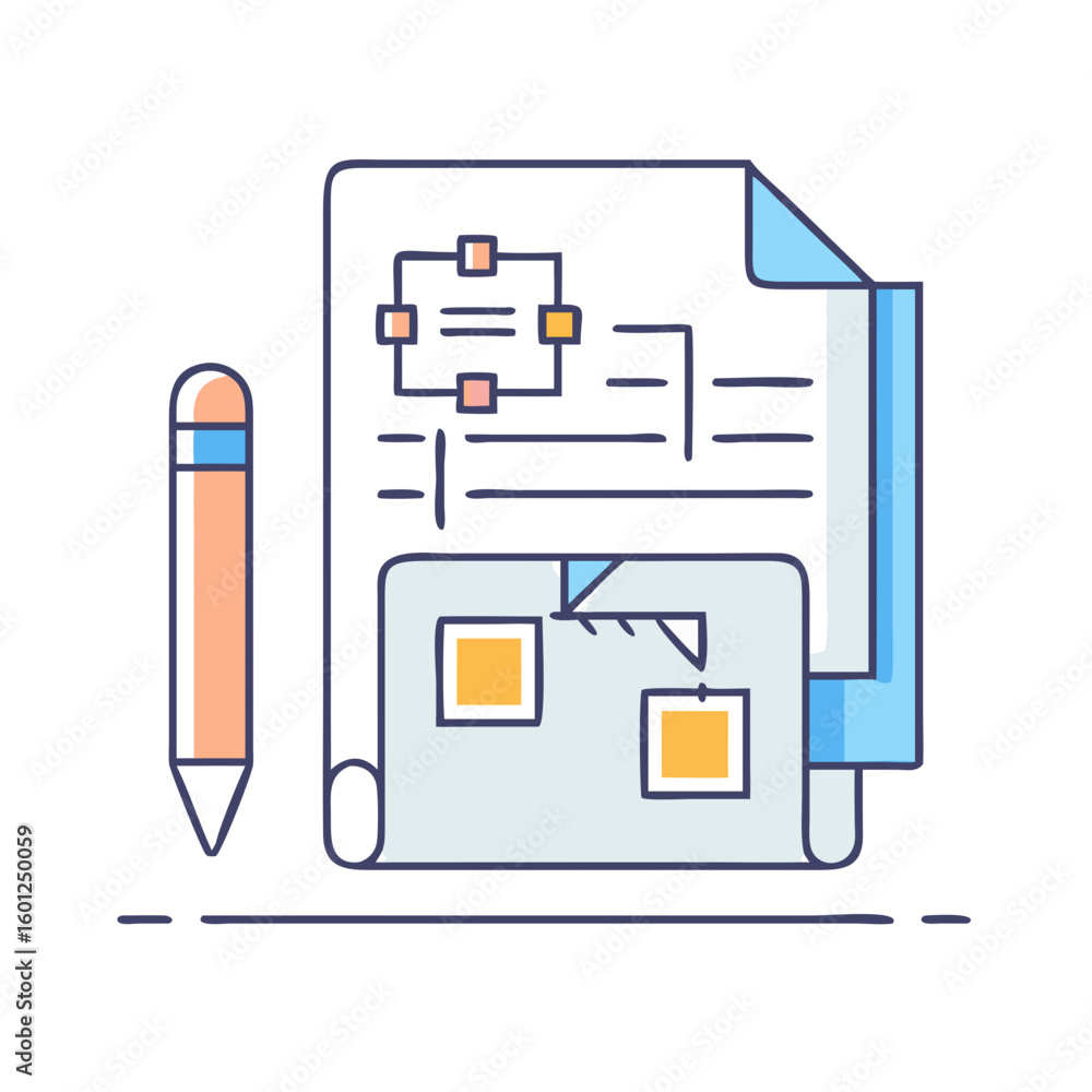 Poster creative brainstorming session with pencil and workflow flowchart on a rolled paper