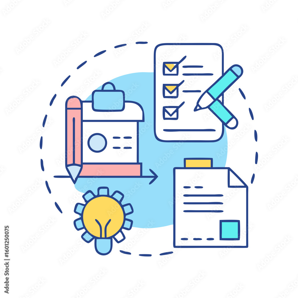 Poster planning process visualization with documents, checklist, tasks and idea generation