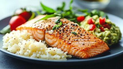Roasted salmon fillet with rice and guacamole.