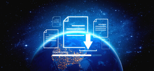 Visual representation of digital document downloading, showing file transfer, data access, and...