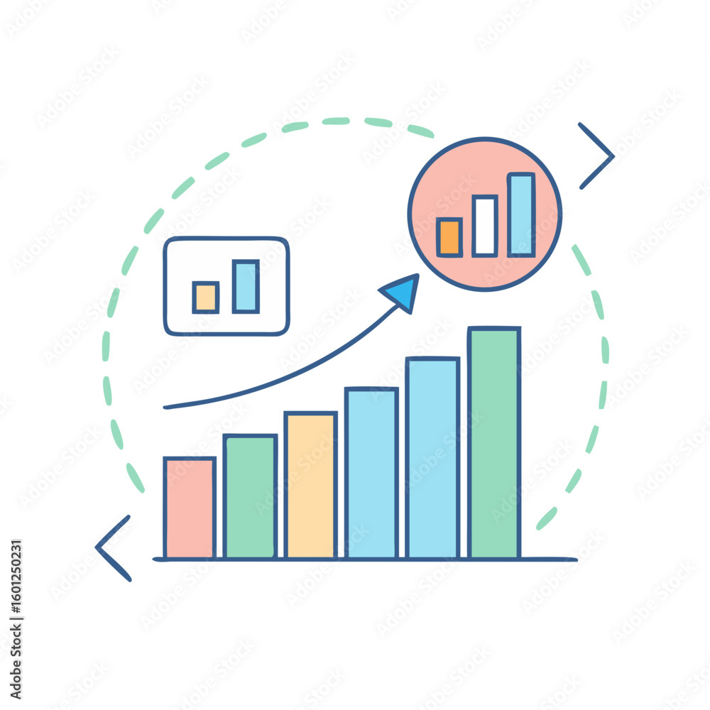 Aufkleber stylized bar chart representing data growth and forward movement towards success