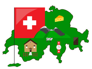 switzerland national symbols with a flag and map contour