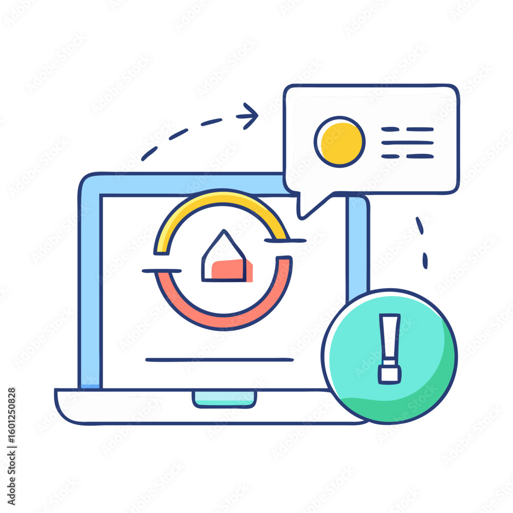 Poster computer with home loading or refresh icon and alert notification icon