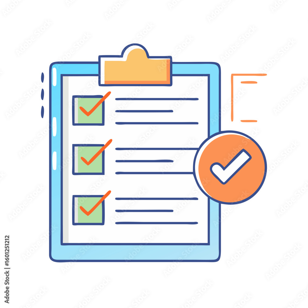 Poster a completed checklist on a clipboard with items marked as completed successfully