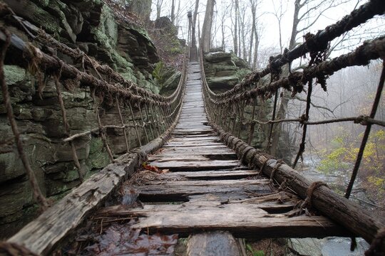 Fototapeta Old rope bridge across ravine