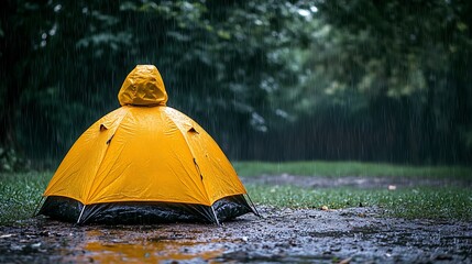 A bright yellow tent stands in a rainy field.