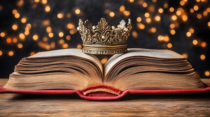 Antique book with a golden crown resting on top.