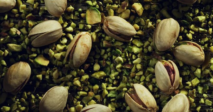 Flying Pistachios in Extreme Close-Up Slow Motion Capture of Pistachio Nuts and Crushed Pieces Suspended in Air on Dark Background for Dynamic and Organic Food Concept