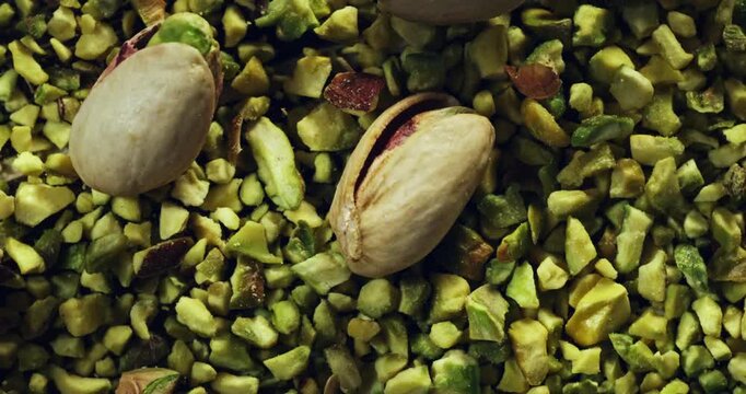 Flying Pistachios in Extreme Close-Up Slow Motion Capture of Pistachio Nuts and Crushed Pieces Suspended in Air on Dark Background for Dynamic and Organic Food Concept