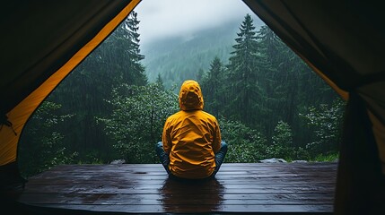 Person in a yellow raincoat sits on a wooden deck, enjoying a rainy mountain view.