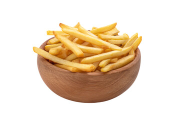 a wooden bowl filled with french fries