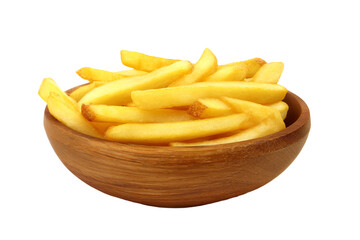 a wooden bowl filled with french fries
