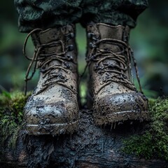 A low-angle, close-up shot of a soldier's or hiker's muddy combat boots, firmly planted on wet, green moss in a dark, atmospheric forest environment, ready for action
