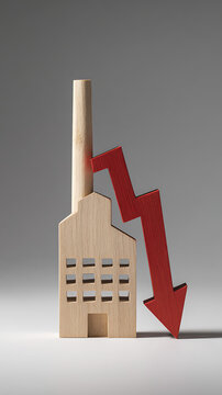 Wooden building with red downward arrow factory chimney