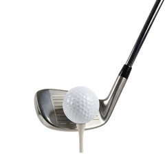 Golf club hitting white golf ball on tee isolated on transparent background