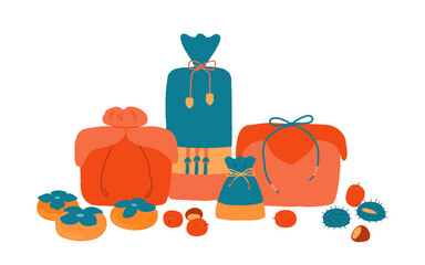 Fototapeta premium Traditional Chuseok food, gifts, jujube, persimmon, chestnut fruits, isolated on transparent. Hand drawn flat vector illustration. Korean Mid Autumn Festival design elements collection, clip art
