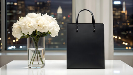 Elegant black gift bag and a vase of white roses on a white table with a blurred city skyline at night in the background