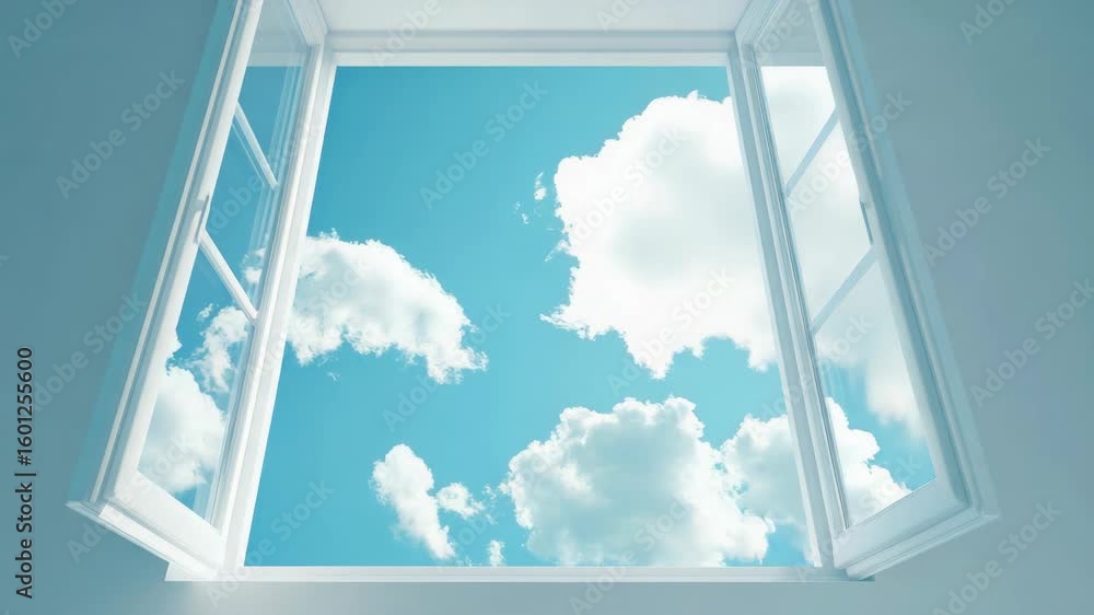 Poster a view of a blue sky with clouds through an open window