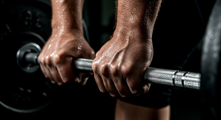 Close up of hands lifting barbell in gym