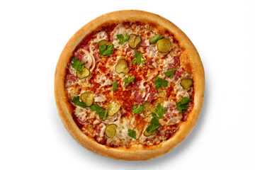 Delicious pizza with salami, gherkins, onion, and parsley on white background
