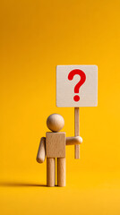 Wooden figure holding a red question mark sign against a bright yellow background image