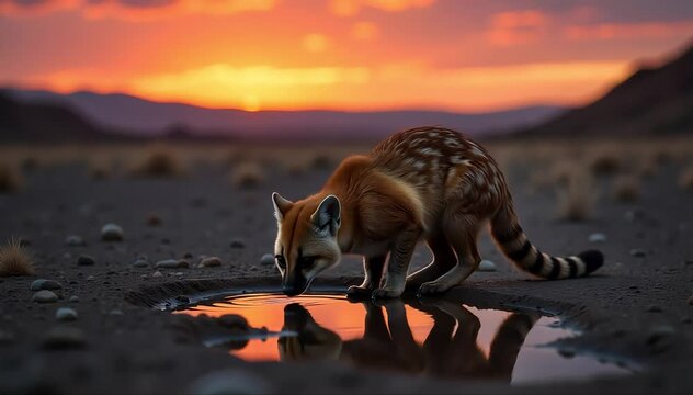 Common genet drinking water from a puddle