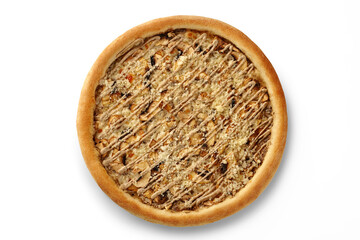 Delicious pizza with mushrooms and truffle sauce on white background