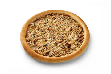 Delicious mushroom pizza with truffle cream and parmesan cheese on white background