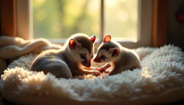 Common genet resting close to its baby