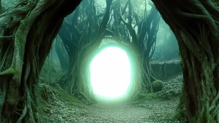 Dense forest with twisted tree roots forming archway. Mysterious bright portal illuminating green misty woodland path. Magical emerald forest landscape with ethereal light. - Powered by Adobe