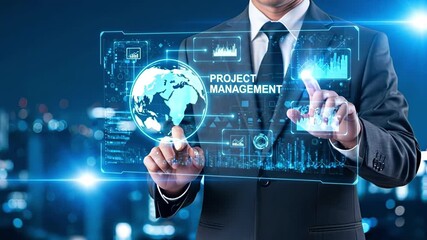 Businessman using a futuristic digital interface for project management with global data and analytics icons. Concept of digital planning, business strategy and workflow optimization
 - Powered by Adobe