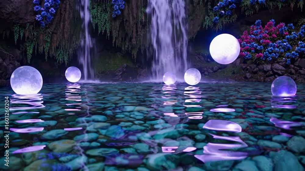 Aufkleber a mesmerizing video scene with glowing orbs floating on a serene waterfall pool, captured from a low