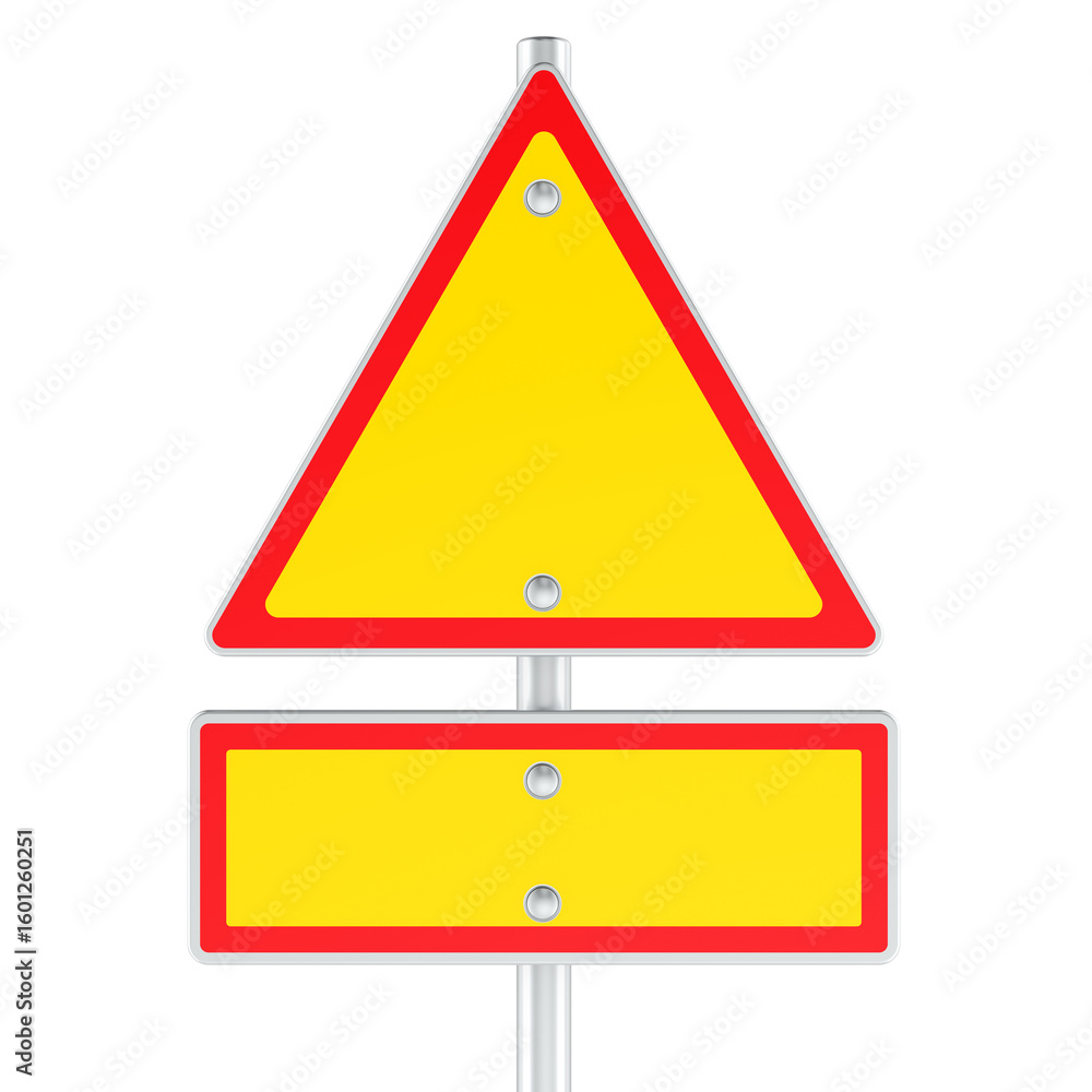 Poster traffic warning sign with yellow triangle and rectangular blank plate, red border. 3d rendering