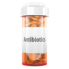 Antibiotics pill bottle. 3D rendering