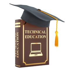 Technical education book with graduation cap. 3D rendering